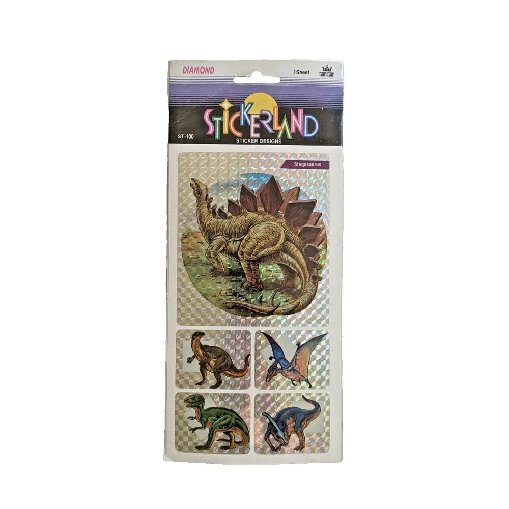 Vintage 1993 Stickerland Diamond‎ Dinosaur Holographic Sticker Sheet Stegosaurus